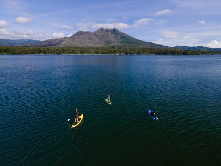 Aerial view of paddleboarders enjoying a sunny day on a lake with a picturesque mountain backdrop.