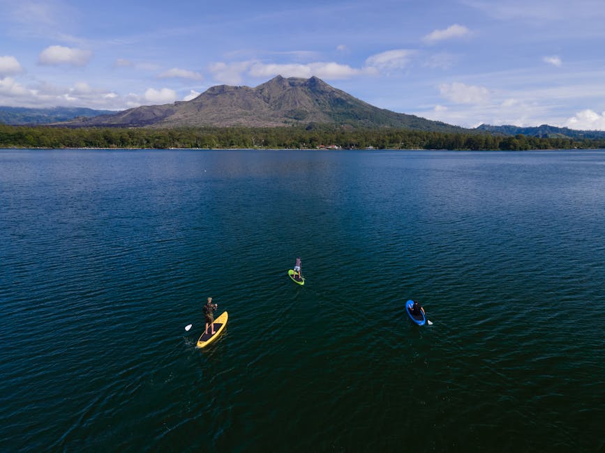 Aerial view of paddleboarders enjoying a sunny day on a lake with a picturesque mountain backdrop.